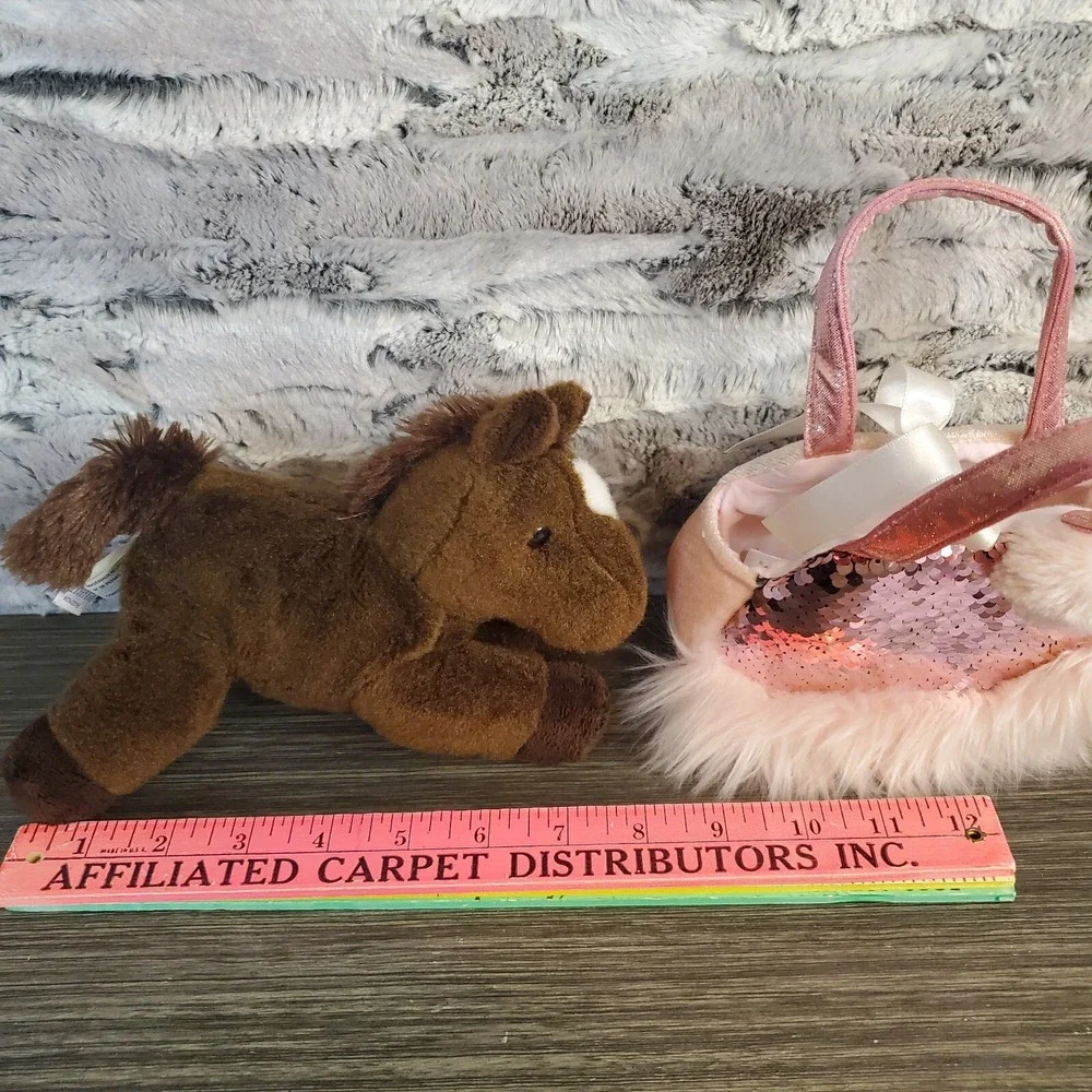 Aurora Plush Brown Horse W/ Pink Sequins Carrying Purse Pouch - Picture 5 of 8